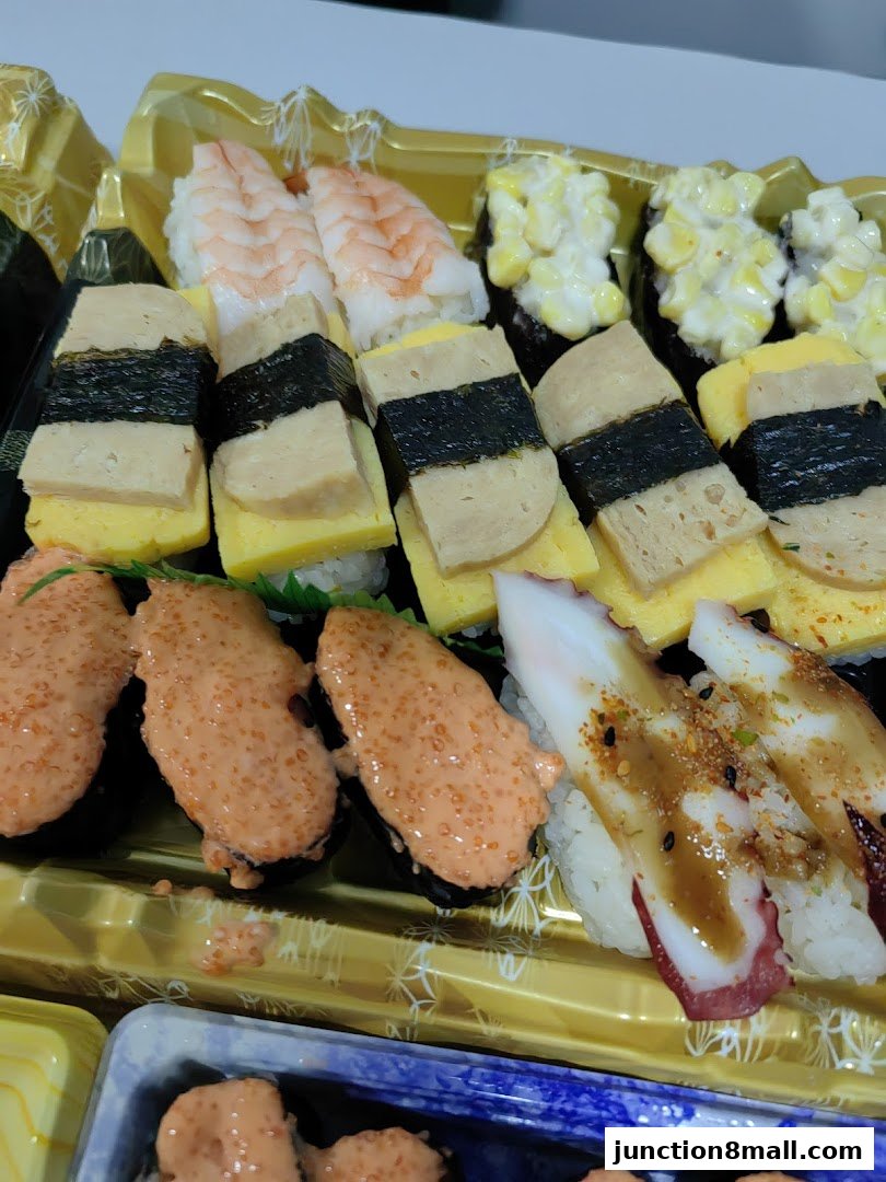 A close-up view of assorted sushi pieces arranged in a takeaway container.