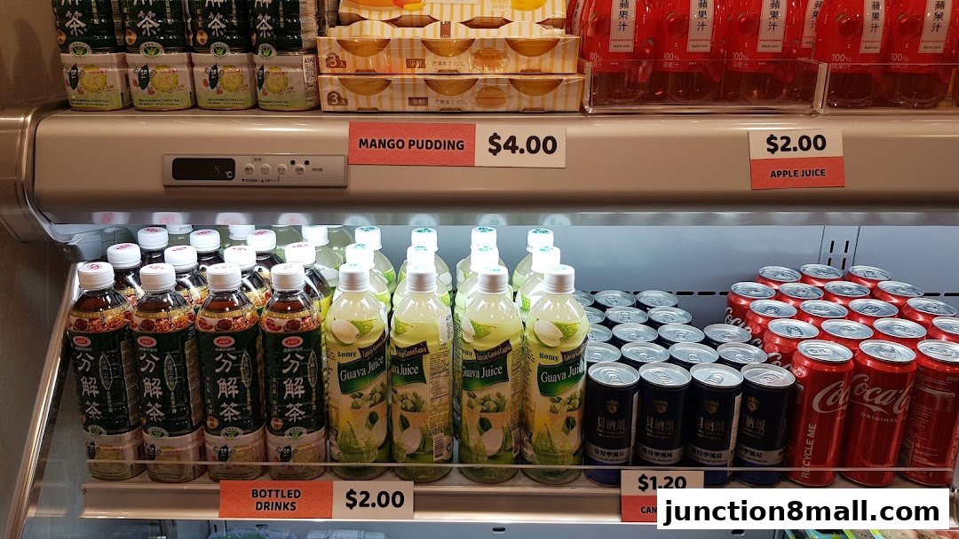 A refrigerated display case filled with various bottled drinks and canned beverages.