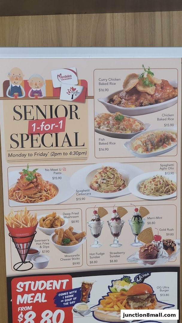 A menu board showcasing Swensen's Senior Special, Student Meal, and various ice cream sundaes and main dishes.