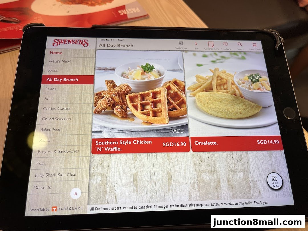A tablet displays the Swensen's menu, featuring 'All Day Brunch' items like chicken and waffles, and omelettes.