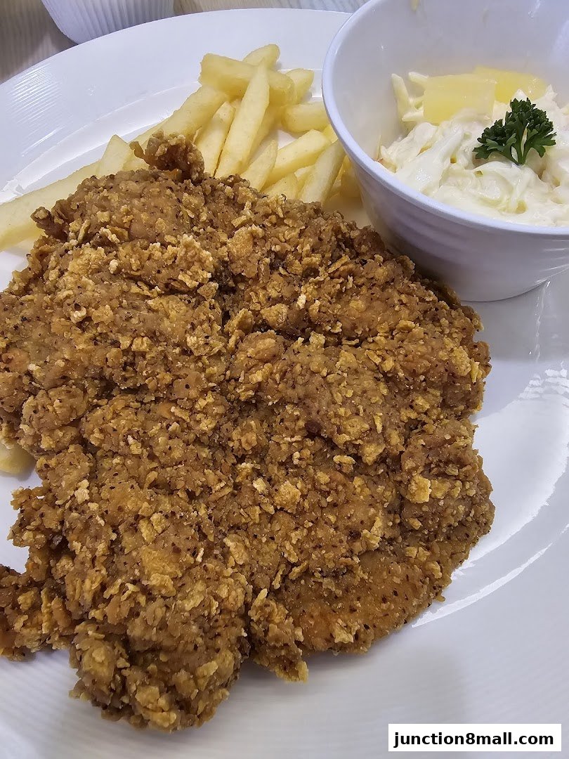 A close-up of a crispy fried chicken cutlet served with french fries and coleslaw.
