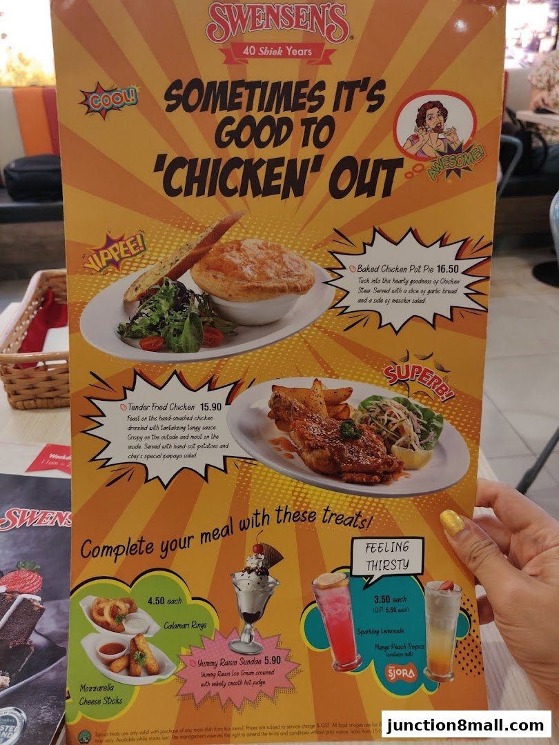 A menu from Swensen's featuring chicken dishes, sides, and drinks.