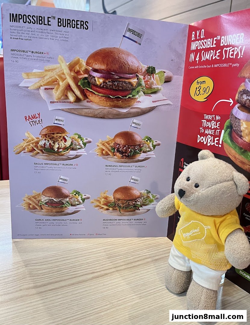 A menu showcasing Swensen's Impossible Burgers with detailed descriptions and prices.