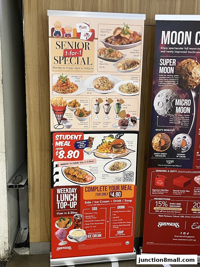 A display of Swensen's promotions including senior, student, and weekday lunch deals, plus moon-themed ice cream.