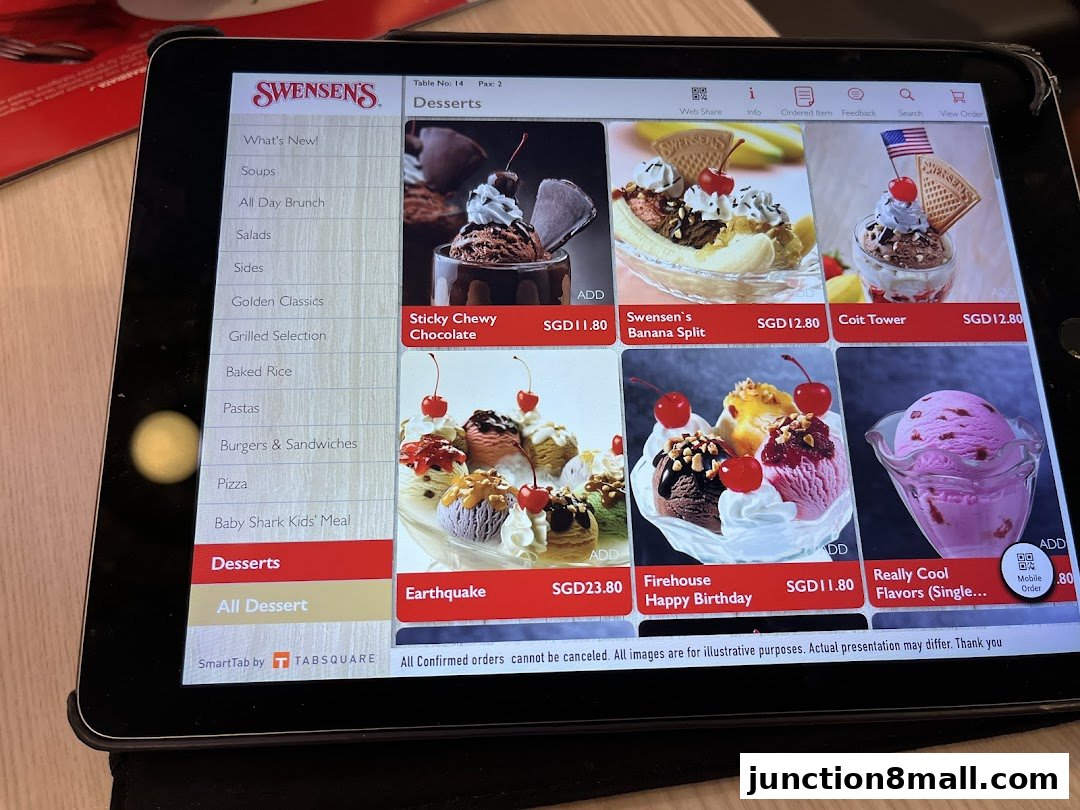 A tablet displaying the dessert menu of Swensen's with various ice cream options and prices.
