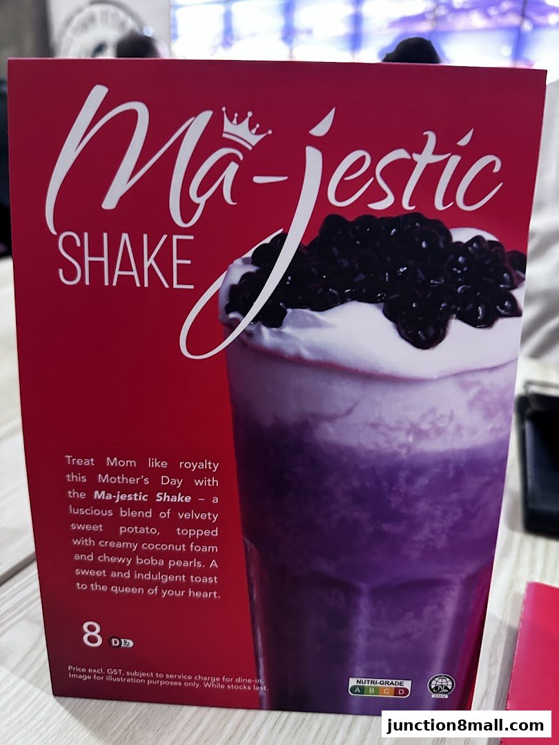 A promotional card for Swensens' Majestic Shake, a sweet potato and boba drink.