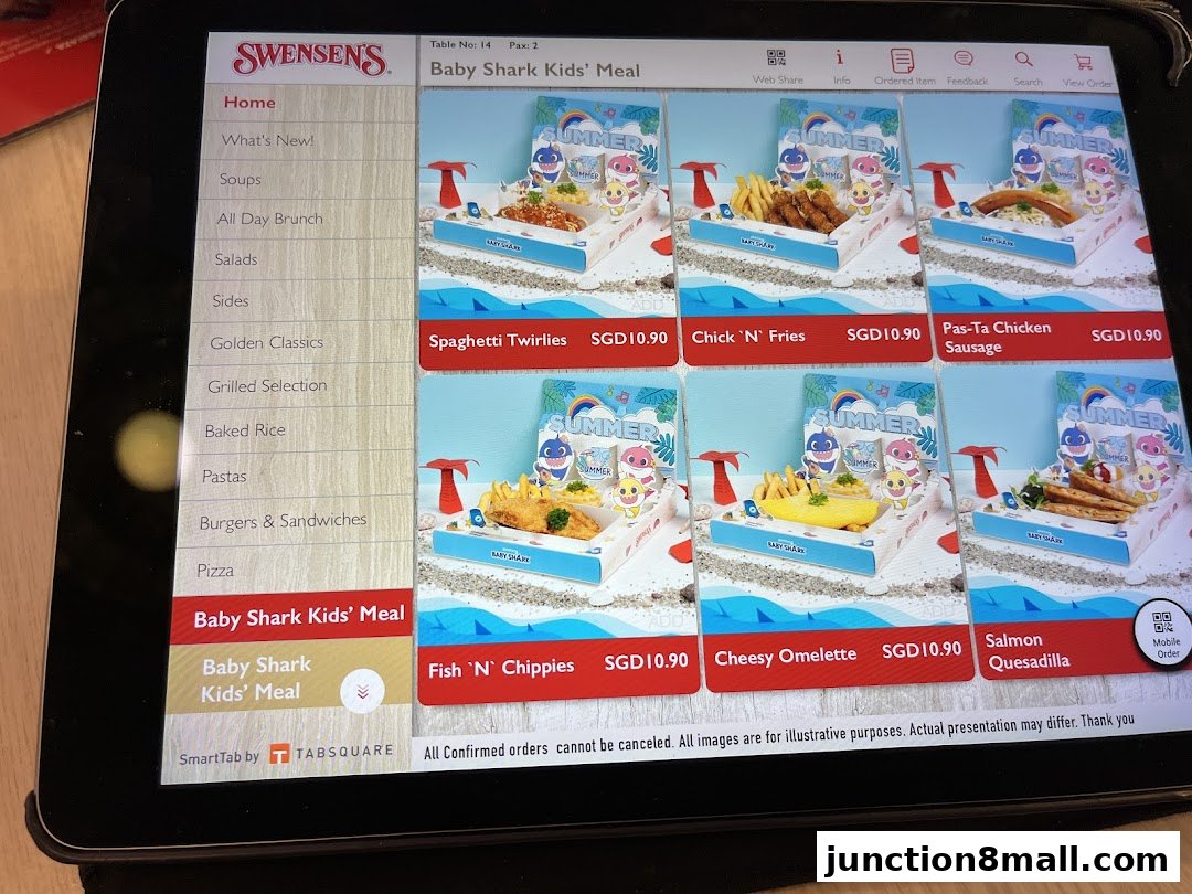 A tablet displaying Swensen's menu with Baby Shark Kids' Meal options.