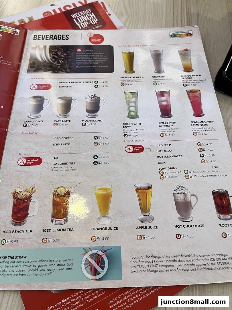 A menu page displaying various beverages including coffee, tea, juices, and soft drinks.