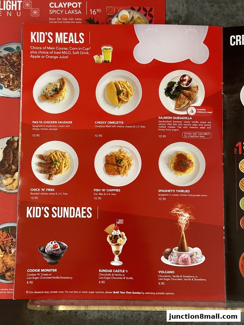 A menu featuring kid's meals and sundaes with colorful images and descriptions.