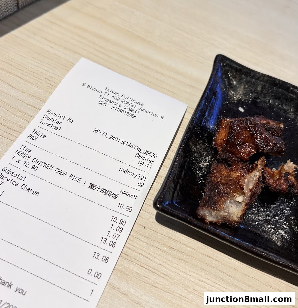 A receipt and a plate of honey chicken chop rice from Taiwan Fullhouse.