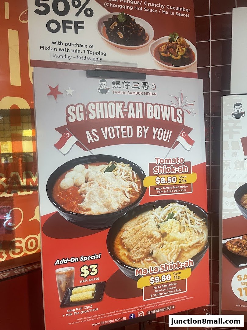 A promotional poster for TamJai SamGor Mixian featuring 'SG Shiok-Ah Bowls' with two featured dishes and an add-on special.
