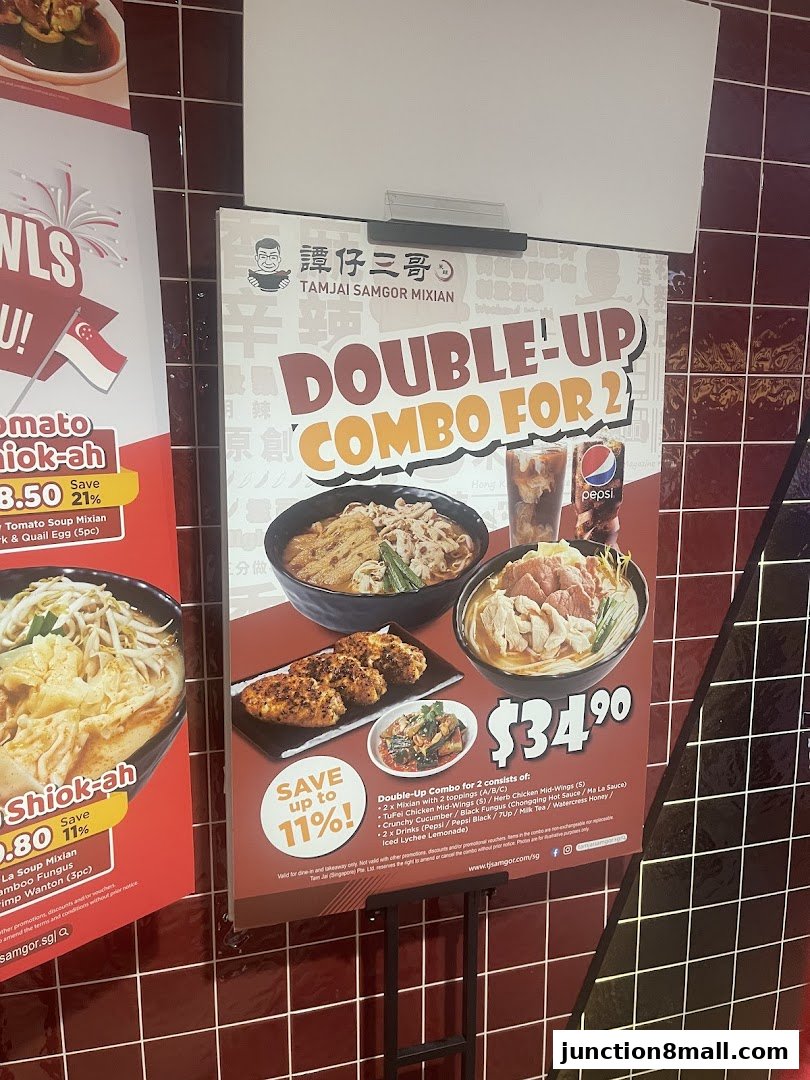 A promotional poster for TamJai SamGor Mixian's Double-Up Combo for 2.