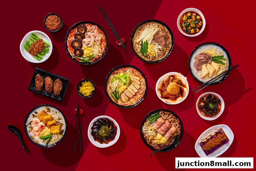 A vibrant overhead shot of various noodle bowls and side dishes arranged on a red background.
