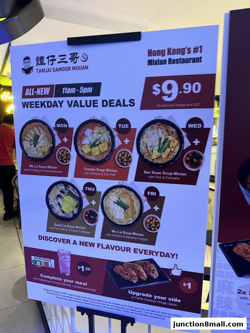A menu board showcasing weekday value deals for TamJai SamGor Mixian.