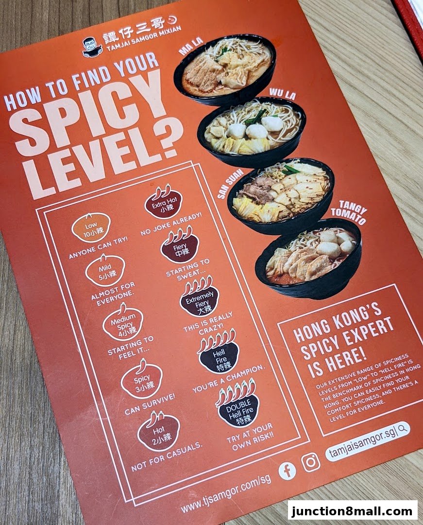 A menu detailing TamJai SamGor's spicy levels with corresponding food images.