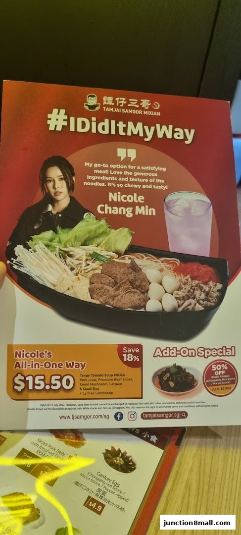 A promotional flyer for TamJai SamGor Mixian featuring Nicole Chang Min and a special offer.