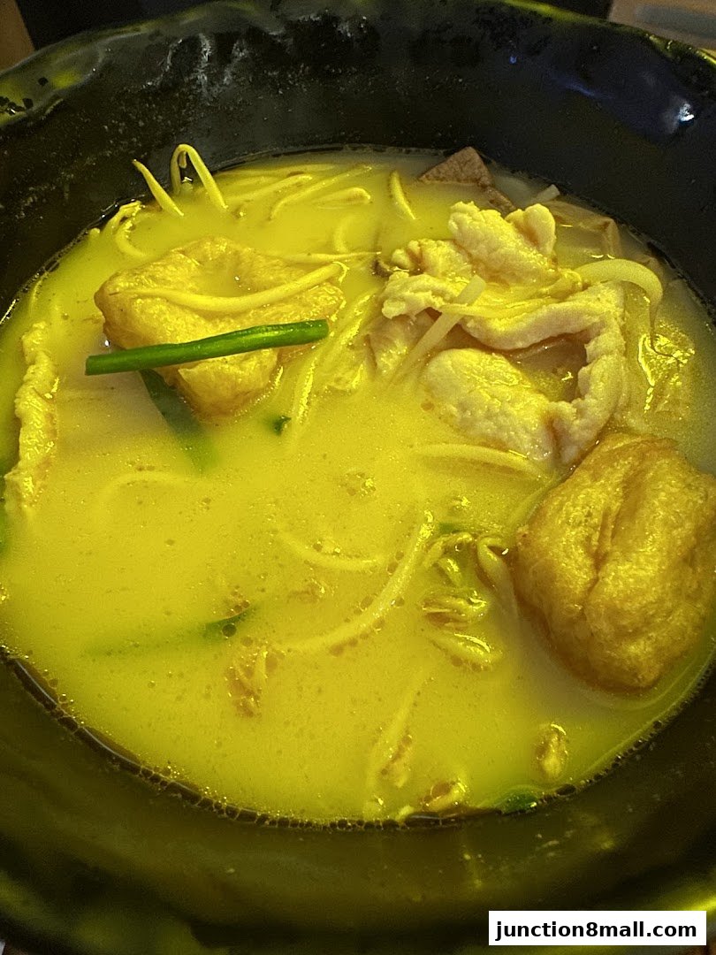 A close-up shot of a steaming bowl of noodle soup with tofu and meat.