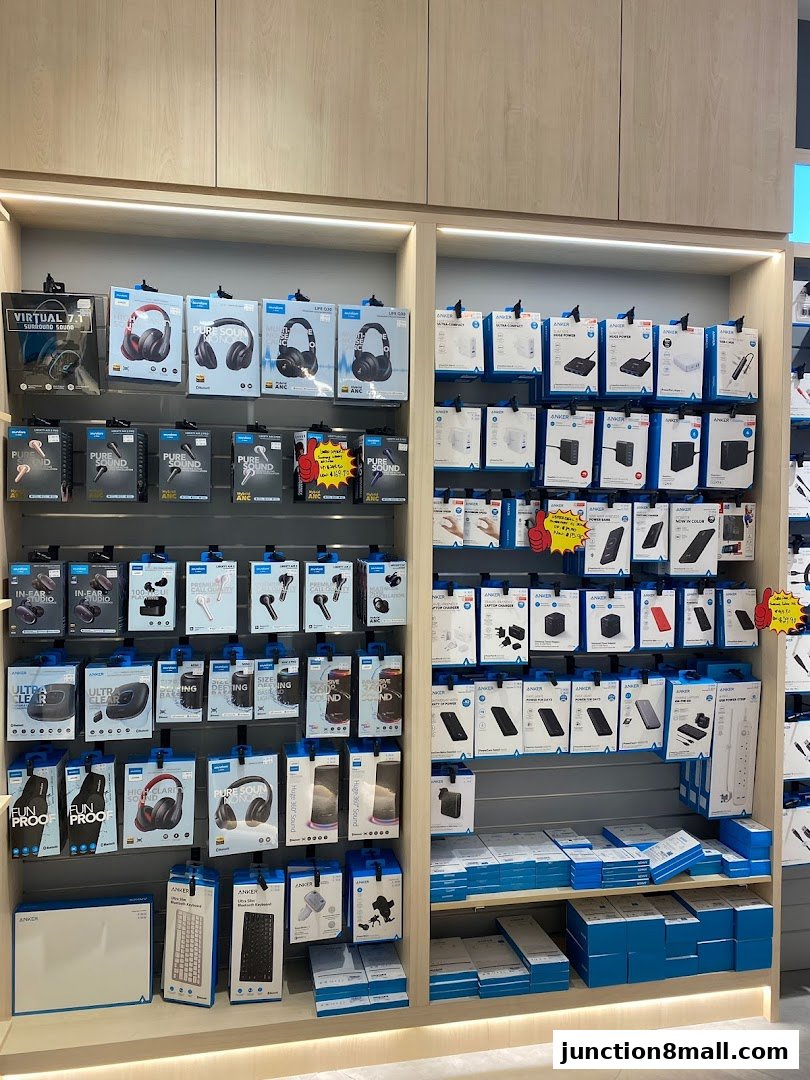Shelves stocked with various Anker electronics and accessories, including headphones and power banks.