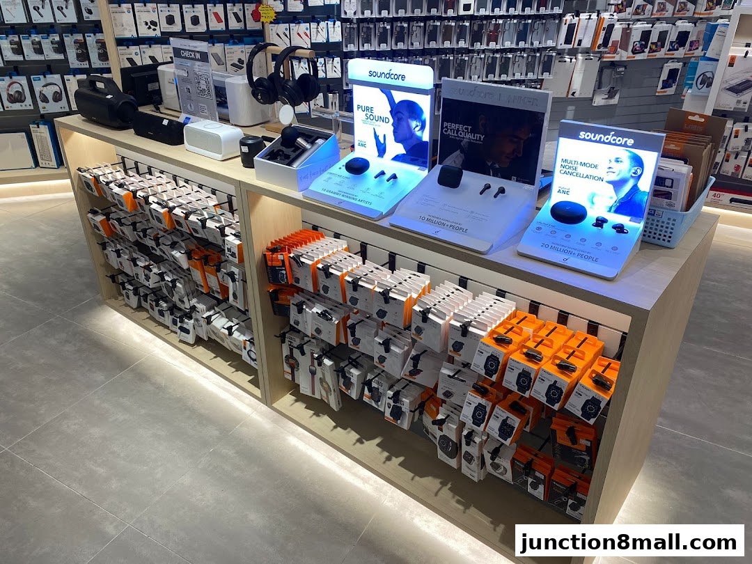 A retail display showcasing various audio devices and accessories, including headphones and earbuds.