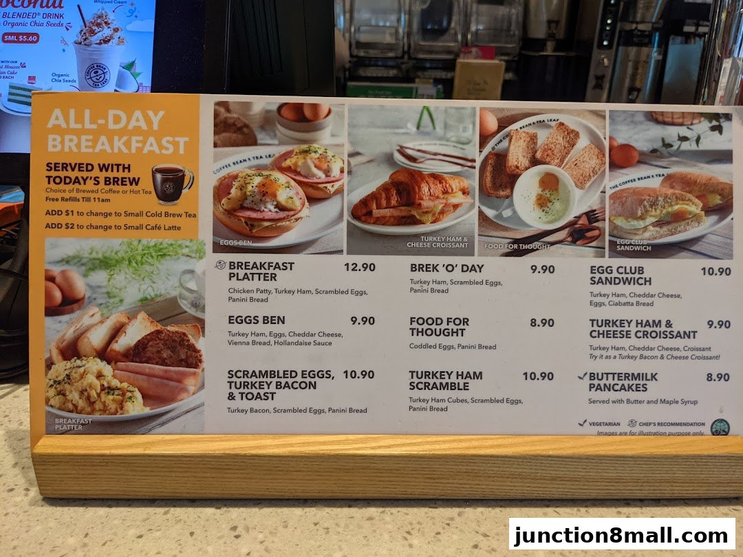 A menu board displaying various all-day breakfast options with images and prices.