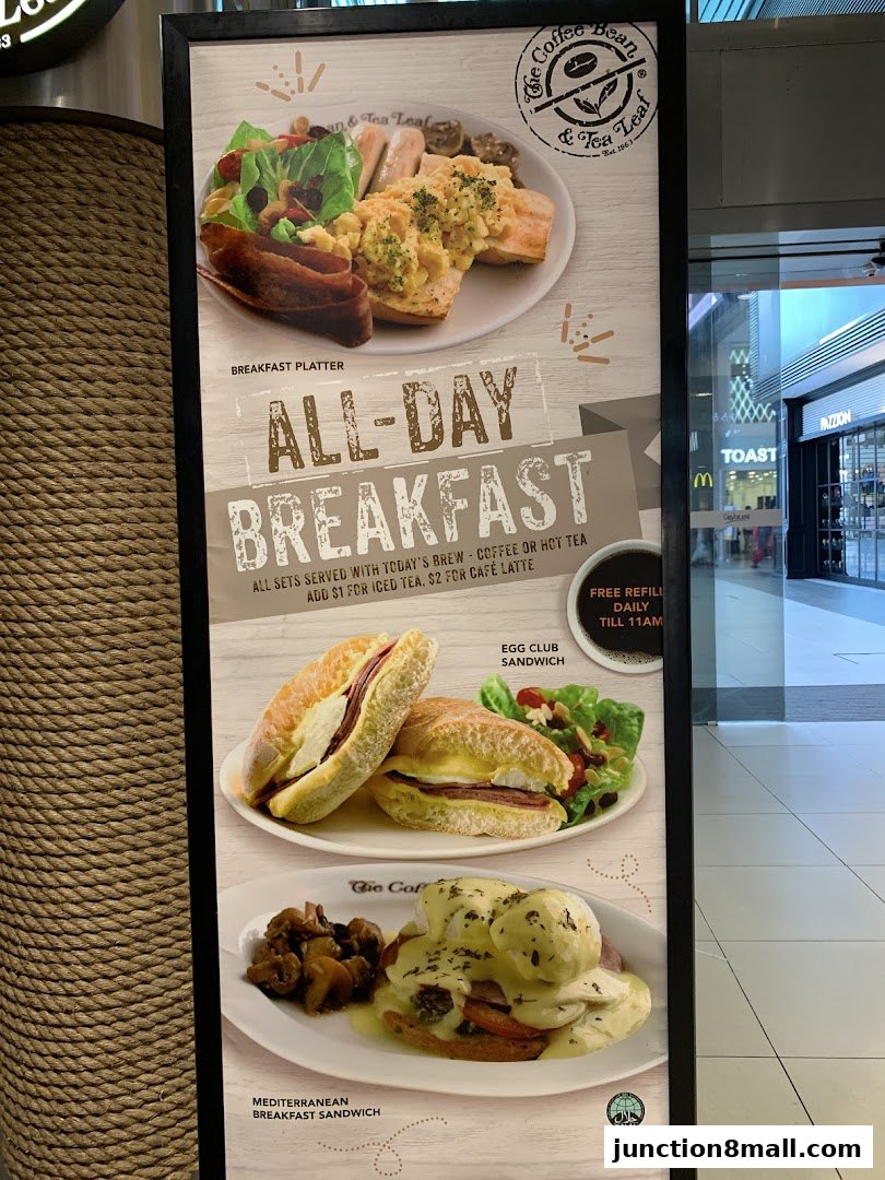 A menu board for The Coffee Bean and Tea Leaf showcasing all-day breakfast options.
