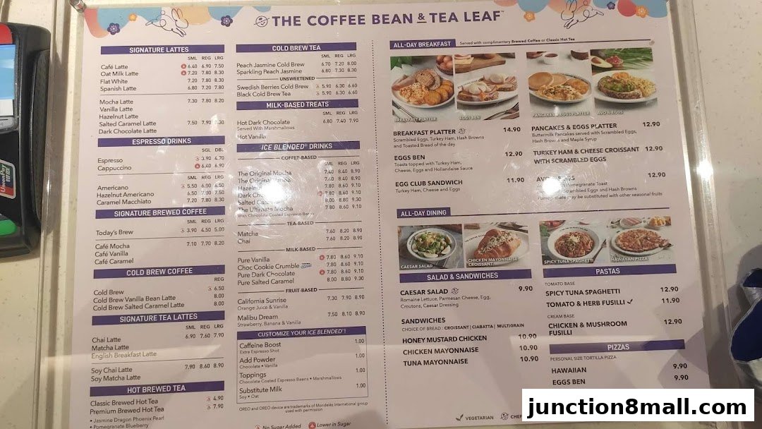 A menu from The Coffee Bean & Tea Leaf featuring drinks, breakfast, salads, sandwiches, pastas, and pizzas.