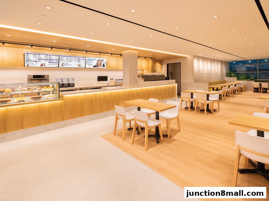Interior of a modern coffee shop with wooden accents and ample seating.