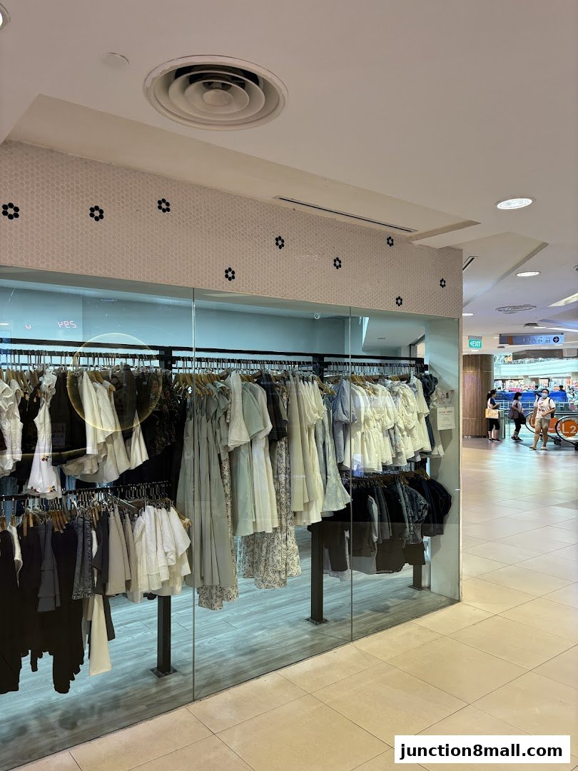 A clothing store interior with racks of dresses and tops displayed behind a glass window.