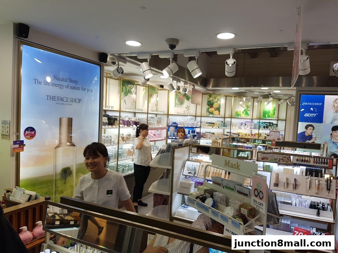 Interior view of THEFACESHOP, showcasing skincare products and promotional displays.