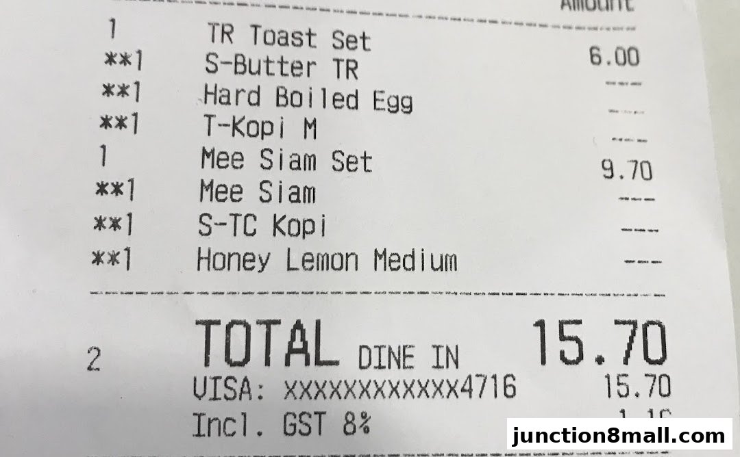 A receipt from Toast Box Junction 8 showing a total of 15.70.