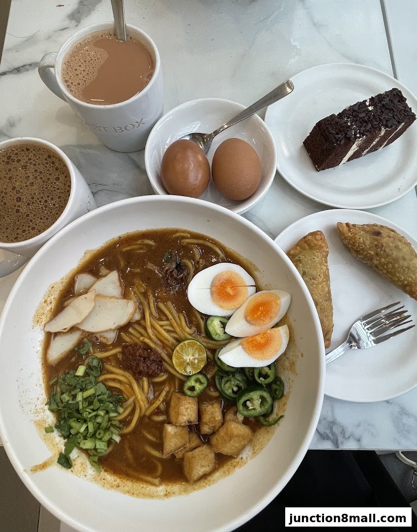 A delicious spread of food from Toast Box, featuring noodles, eggs, drinks, and cake.