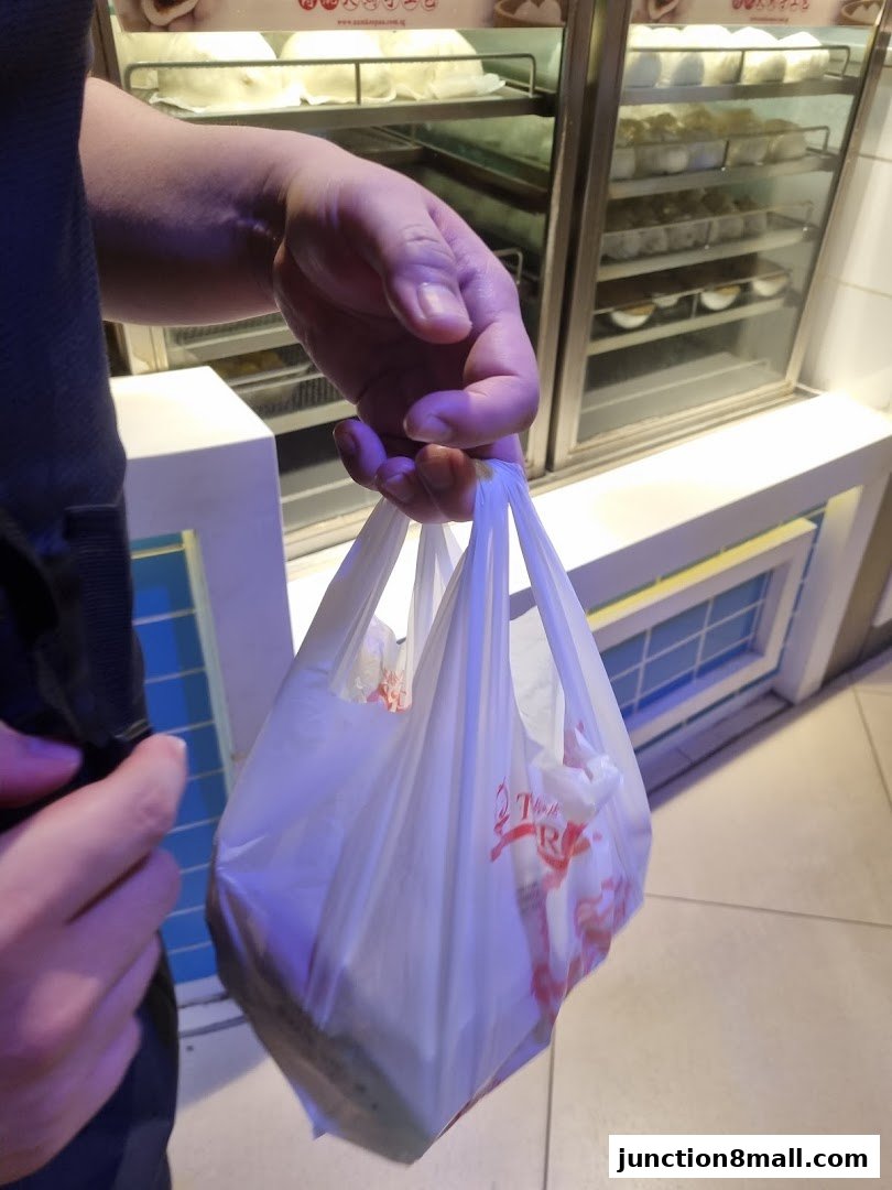 A person holds a white plastic bag with food from Tori-Q Junction 8.
