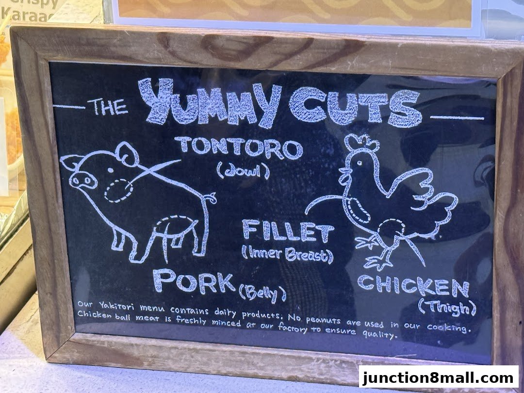 A chalkboard menu displaying different cuts of pork and chicken for yakitori.