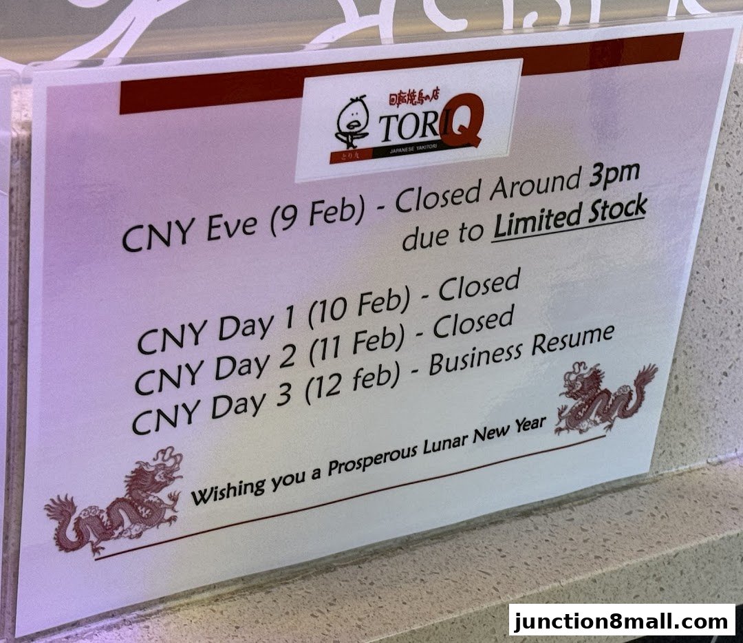 A sign from Tori-Q Japanese Yakitori announcing Chinese New Year operating hours.