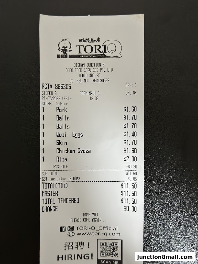 A receipt from Tori-Q showing a list of Japanese yakitori items and their prices.