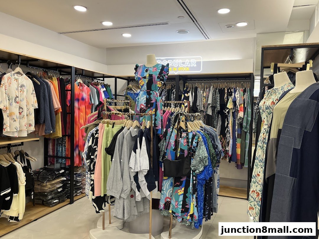 Interior view of a clothing store with racks of colorful apparel and mannequins.