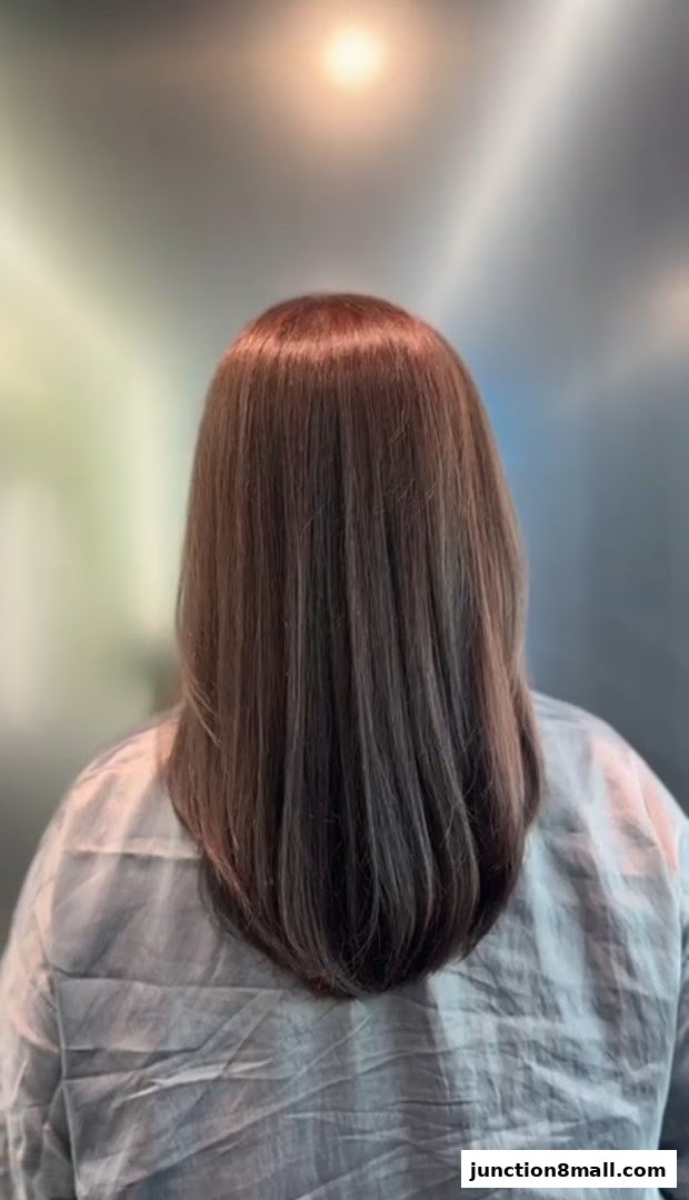 A person's back with neatly styled brown hair, possibly after a salon treatment.