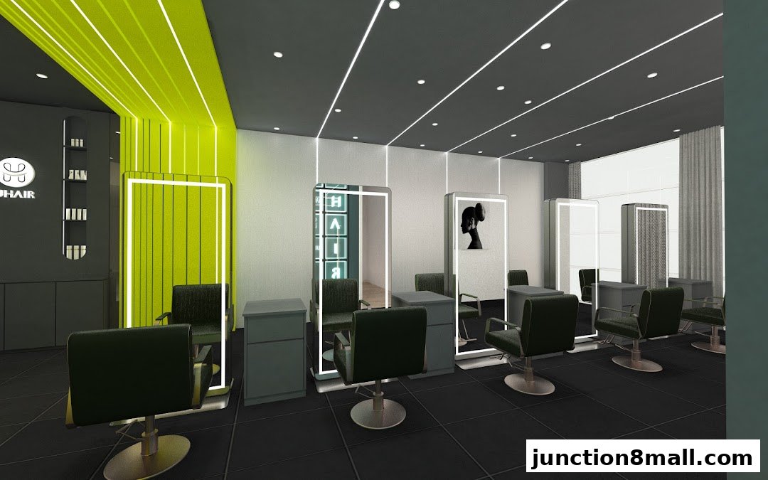 Interior view of a modern hair salon with styling chairs and mirrors.