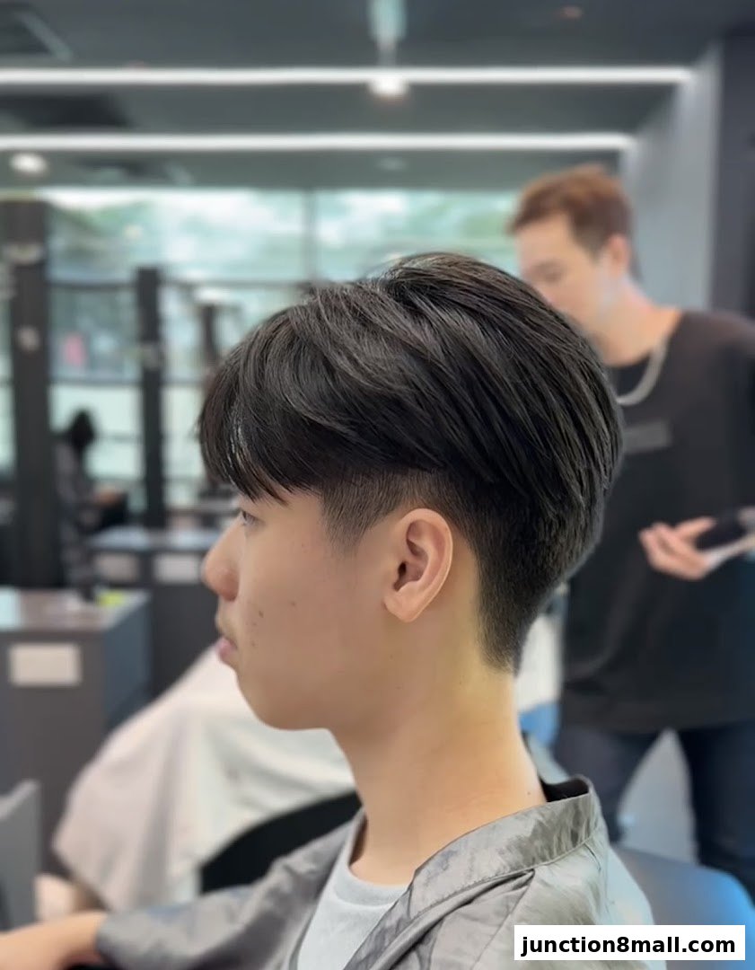 A young man receives a haircut at U Hair Bishan, with a stylist in the background.