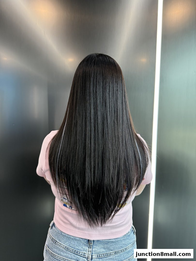 A person with long, dark, straight hair with subtle highlights, standing against a modern, metallic background.