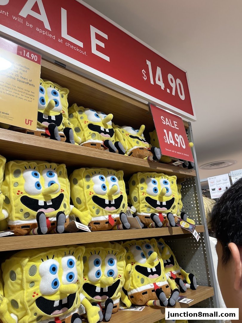 Shelves filled with Spongebob Squarepants plush toys on sale.
