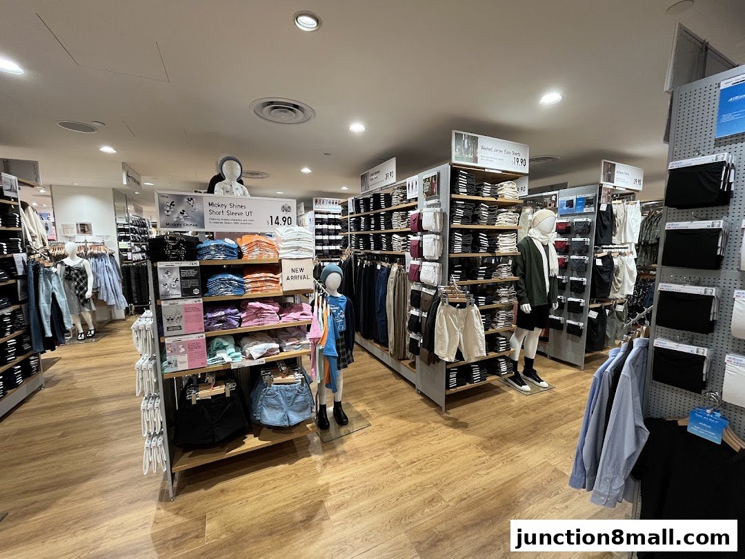 Interior view of a UNIQLO store showcasing folded t-shirts, shorts, and mannequins dressed in apparel.