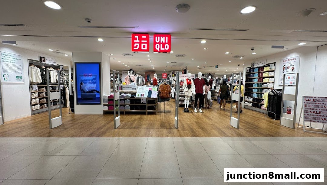 The entrance to a brightly lit Uniqlo store with displays of clothing and mannequins.