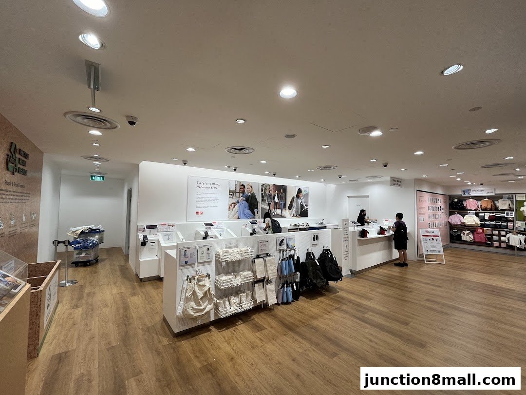 Interior view of a Uniqlo store with clothing displays and a service counter.