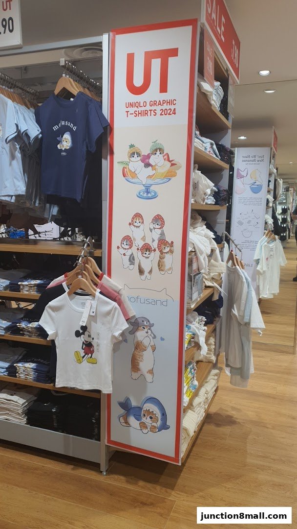 UNIQLO store interior featuring graphic t-shirts with popular characters and a sale sign.