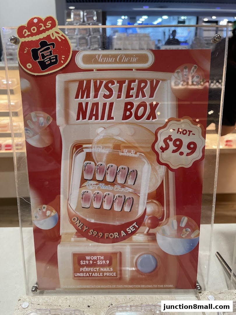 A promotional sign for Venia Cherie's Mystery Nail Box, priced at $9.9.