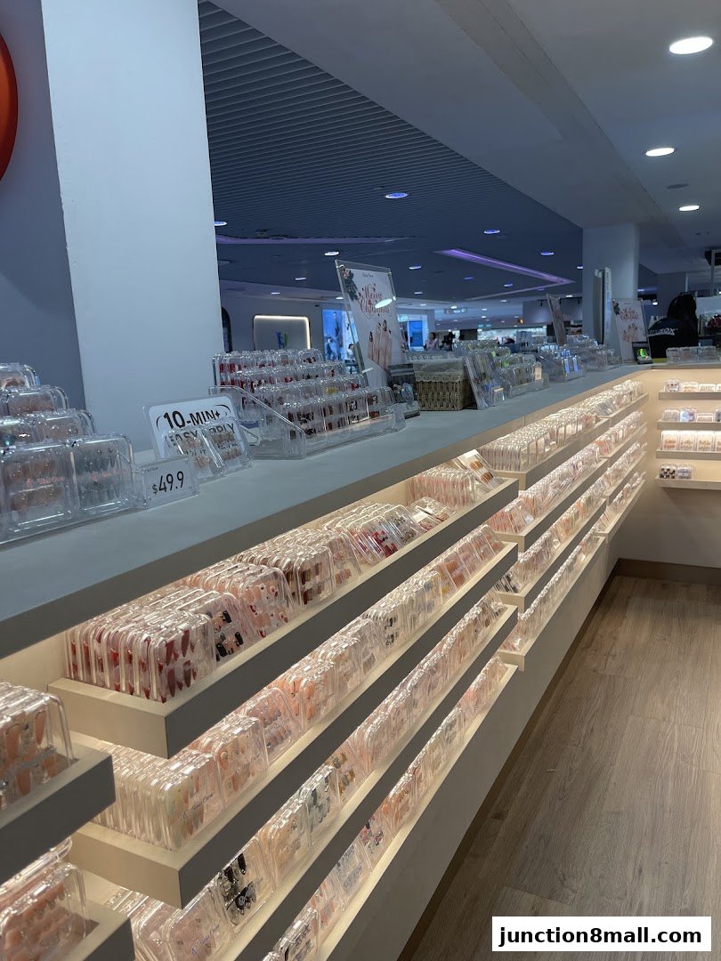 A well-lit retail display showcasing a wide variety of artificial nails.