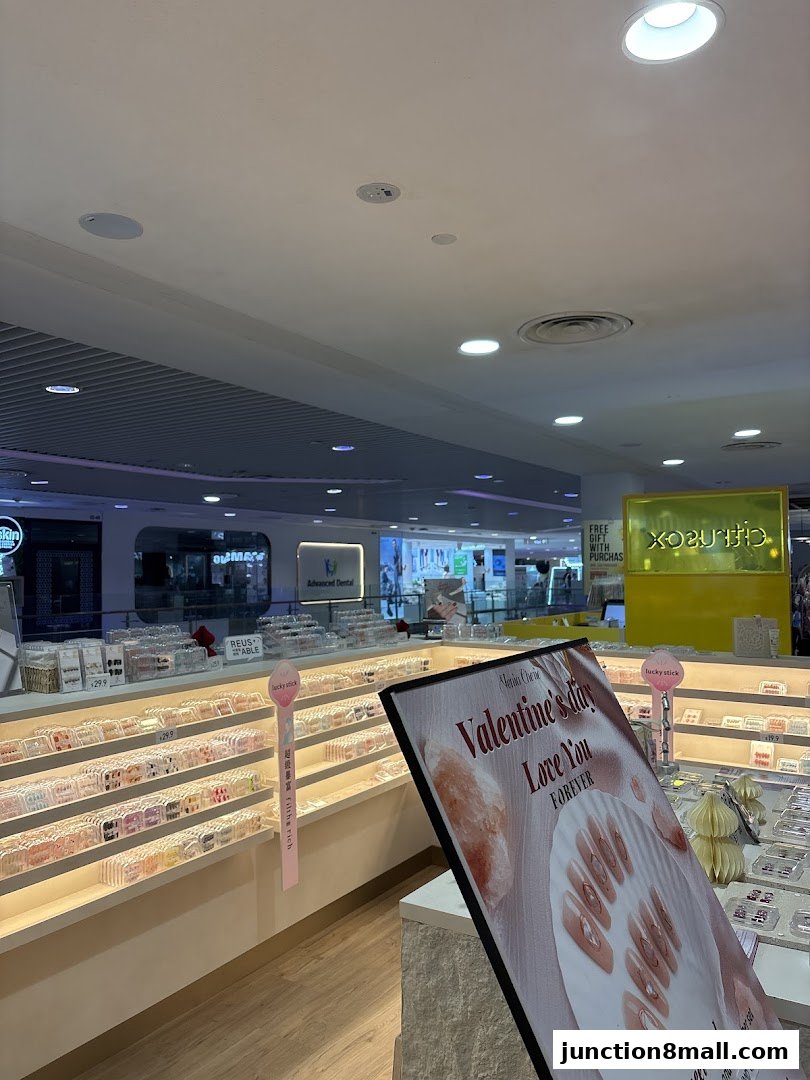 Interior view of VeniaCherie shop displaying various nail products and a Valentine's Day promotion.