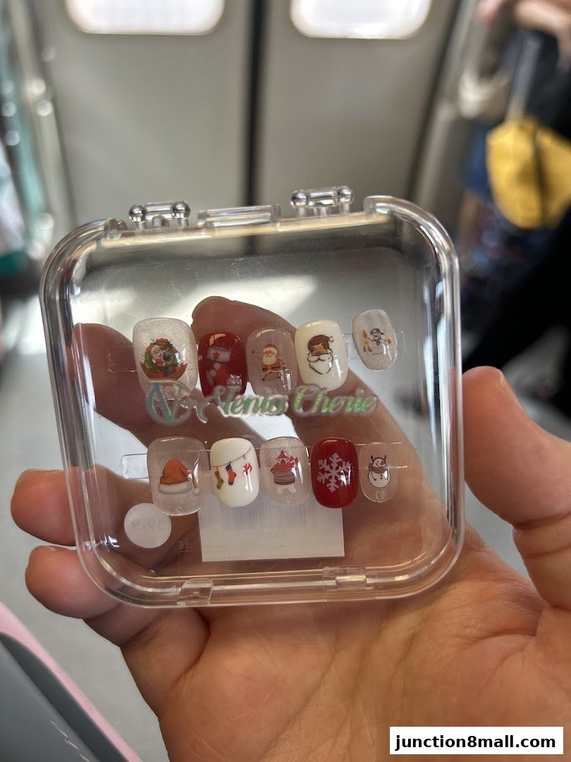 A hand holds a clear case of festive Christmas-themed press-on nails.