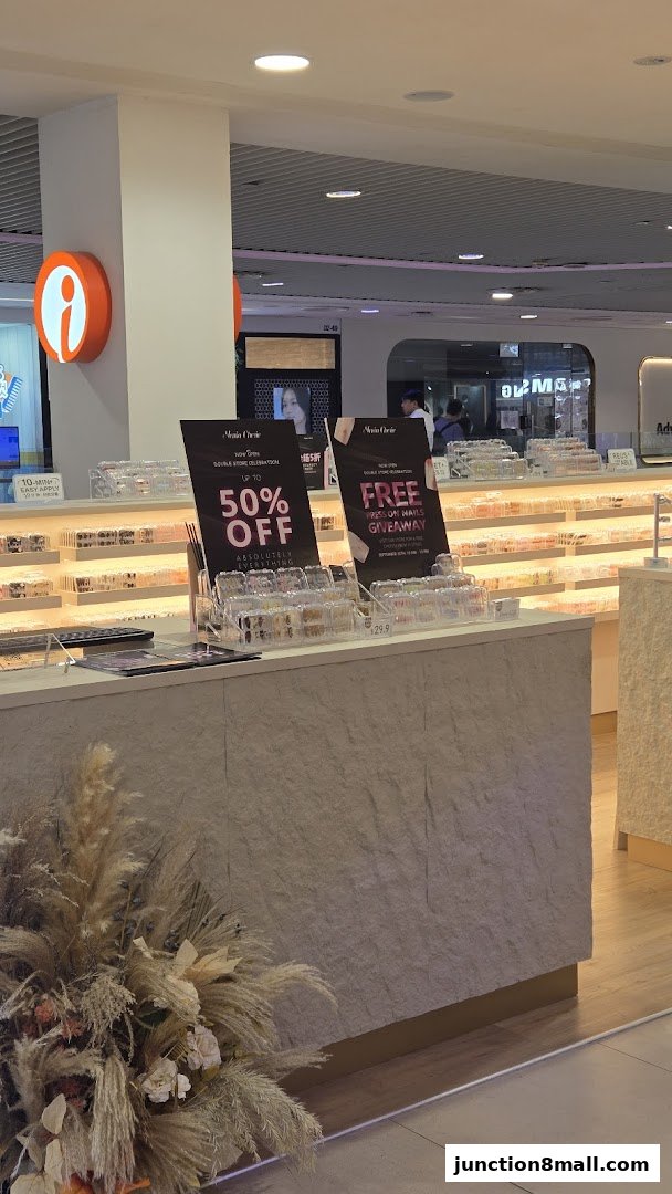 A retail shop counter with promotional signs for discounts and giveaways.